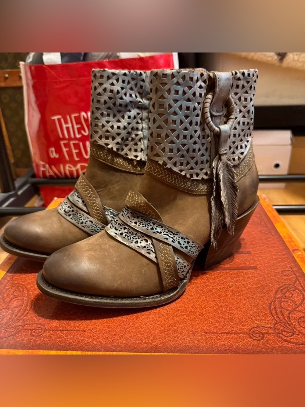 Corral Brown Leather Laser-Cut Ankle Booties with Tassel